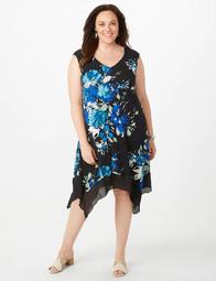 Plus Size Floral Chiffon-Trim Sharkbite-Hem Dress