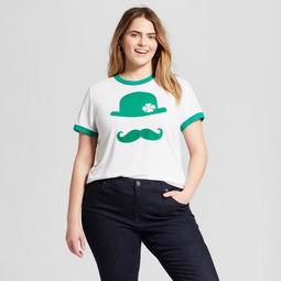 Women's Plus Size Moustache Clover Short Sleeve Ringer Graphic T-Shirt - Modern Lux (Juniors') - White
