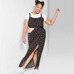 Women's Plus Size Floral Print Strappy Scoop Neck Lace-Up Maxi Dress - Wild Fable™ Black
