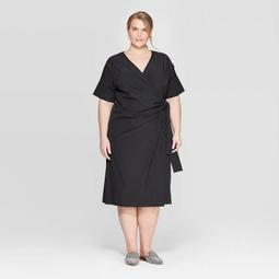 Women's Plus Size Short Sleeve V-Neck Wrapped Dress - Prologue™ Black
