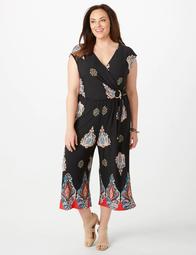 Plus Size Printed O-Ring Wrap Jumpsuit 
