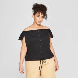 Women's Plus Size Short Flutter Sleeve Scoop Neck Button-Down Bardot Top - Who What Wear™ Black