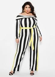 Long Sleeve Striped Belted Jumpsuit