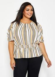 Ruched Sleeve Striped Peplum Blouse