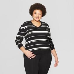 Women's Plus Size Striped Long Sleeve V-Neck Pullover Sweater - Ava & Viv™ Black
