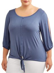 Women's Plus Size 3/4 Open Sleeve Button Front Top