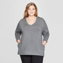 Women's Plus Size Long Sleeve V-Neck Hoodie Sweater - Prologue™ Heather Gray