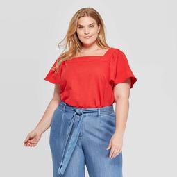 Women's Plus Size Short Sleeve Square Neck Top - Ava & Viv™ Red