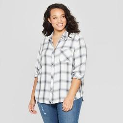 Women's Plus Size Plaid Long Sleeve Collared Shirt - Universal Thread™ White