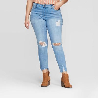Universal Thread Women's Plus Size Mid-Rise Distressed Cropped Skinny