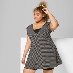 Women's Plus Size Striped Flutter Short Sleeve V-Neck Solid Skater Dress - Wild Fable™ Black/White