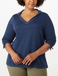 Plus Size Linen Ruched-Sleeve Hoodie