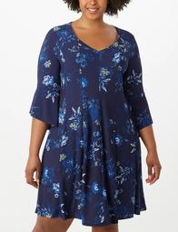 Plus Size Printed Bell-Sleeve Seamed Dress 