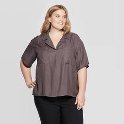 Women's Plus Size Short Sleeve V-Neck Tuck Front Camp Shirt - Gray