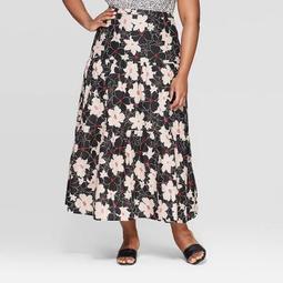 Women's Plus Size Floral Print Mid-Rise Tiered Maxi Skirt - Who What Wear™ Black