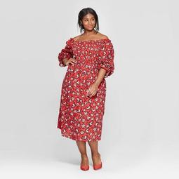 Women's Plus Size Floral Print Elbow Sleeve Square Neck Shirred Midi Dress - Who What Wear™