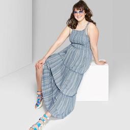 Women's Plus Size Strappy Square Neck Smocked Top Patchwork Print Tiered Maxi Dress - Wild Fable™ Blue