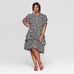 Women's Plus Size Floral Print Short Sleeve Scoop Neck Asymmetric Hem Dress - Who What Wear™ Black