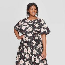 Women's Plus Size Floral Print Short Sleeve Scoop Neck Blouse - Who What Wear™ Black