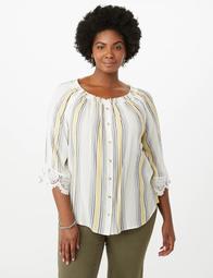 Plus Size Striped Crochet-Trim Smocked Button-Up Top
