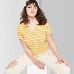 Women's Plus Size Striped Short Sleeve V-Neck Polo Shirt - Wild Fable™ Gold