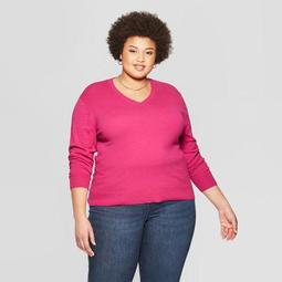 Women's Plus Size Long Sleeve V-Neck Pullover Sweater - Ava & Viv™ Pink
