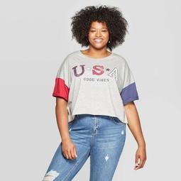 Women's Plus Size Short Sleeve USA Good Vibes Graphic T-Shirt - Grayson Thread (Juniors') - Heather Gray