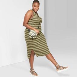 Women's Plus Size Striped Sleeveless Round Neck Knit Tank Midi Dress - Wild Fable™ Olive