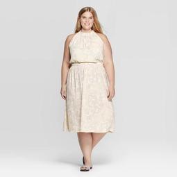 Women's Plus Size Printed Sleeveless Halter Neck Shirred Midi Dress - Prologue™ Cream