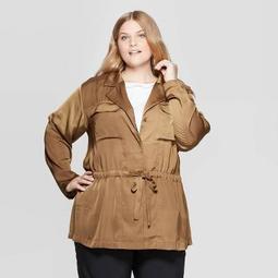 Women's Plus Size Long Sleeve Collared Satin Utility Shirt - Prologue™ Brown