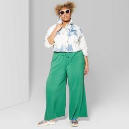 Women's Plus Size High-Rise Wide Leg Pleated Pants - Wild Fable™ Green Succulent