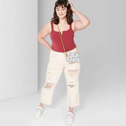 Women's Plus Size High-Rise Distressed Wide Leg Cropped Denim Pants - Wild Fable™ Beige