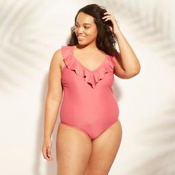 Women's Plus Size Ruffle Neck One Piece Swimsuit - Xhilaration™ Pink