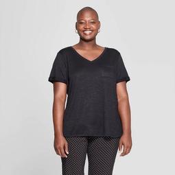 Women's Plus Size Pocket Short Sleeve Rolled Cuff V-Neck T-Shirt - Ava & Viv™