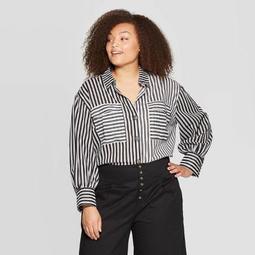 Women's Plus Size Striped Long Sleeve Button-Down Shirt - Who What Wear™ Black/White