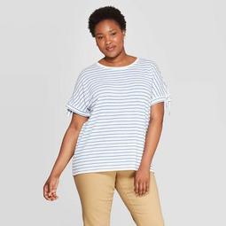 Women's Plus Size Striped Tie Short Sleeve Round Neck Linen T-Shirt - Ava & Viv™ Blue