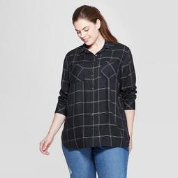 Women's Plus Size Plaid Long Sleeve Collared Button-Down Shirt - Ava & Viv™ Black
