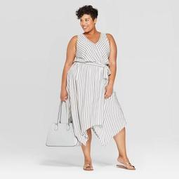 Women's Plus Size Striped Sleeveless V-Neck Wrap Dress - Ava & Viv™ Grey