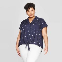 Women's Plus Size Printed Tie Front Short Sleeve Shirt - Ava & Viv™ Navy