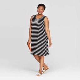 Women's Plus Size Striped Sleeveless Scoop Neck Knit Dress - Ava & Viv™ Black/White