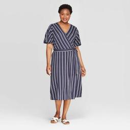 Women's Plus Size Striped Short Sleeve V-Neck Knit Wrap A-Line Dress - Ava & Viv™ Navy