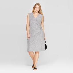 Women's Plus Size Striped Sleeveless V-Neck Gathered Wrap Dress - Ava & Viv™ Navy/White