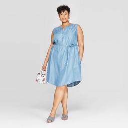 Women's Plus Size Sleeveless V-Neck Tencel Henley Dress - Ava & Viv™ Light Blue