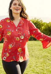 plus size floral popover bell sleeve blouse
