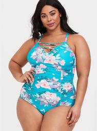 Teal Floral Strappy Wireless One-Piece Swimsuit