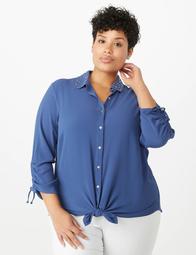 Plus Size Studded Tied-Front Ruched-Sleeve Top