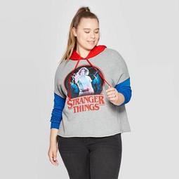 Women's Stranger Things Plus Size Color Blocked Cropped Hoodie (Juniors') - Gray/Red/Blue