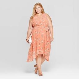 	Women's Plus Size Floral Print Sleeveless Crewneck Pleated Midi Dress - Ava & Viv™ Apricot