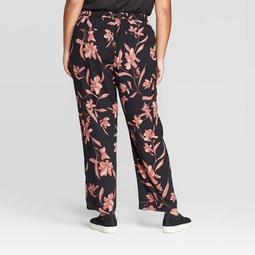 Women's Plus Size Floral Print Mid-Rise Straight Fit Pants - Ava & Viv™ Black