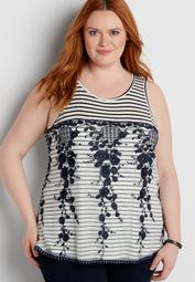 plus size striped tank with embroidered mesh overlay